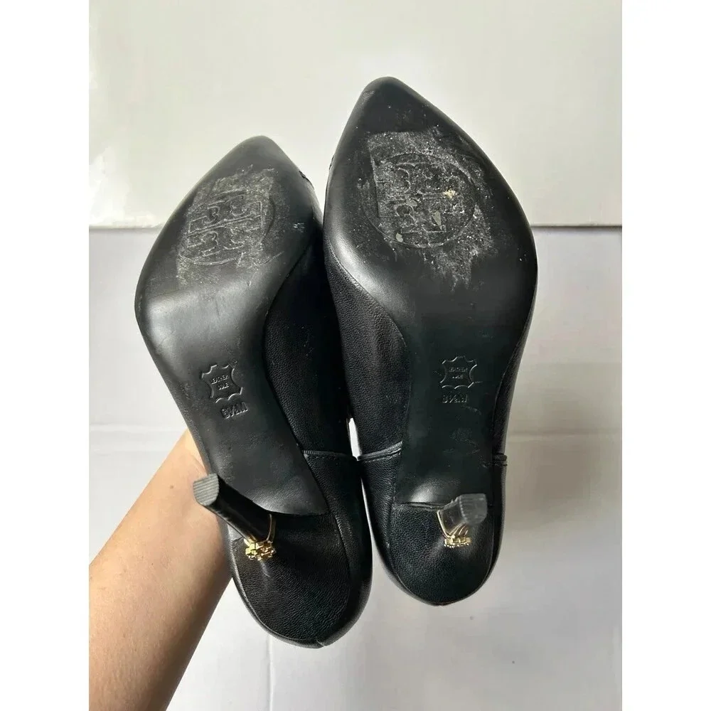 Tory Burch Bernice Leather Pointed Toe Logo Charm High Heels Pumps Shoes